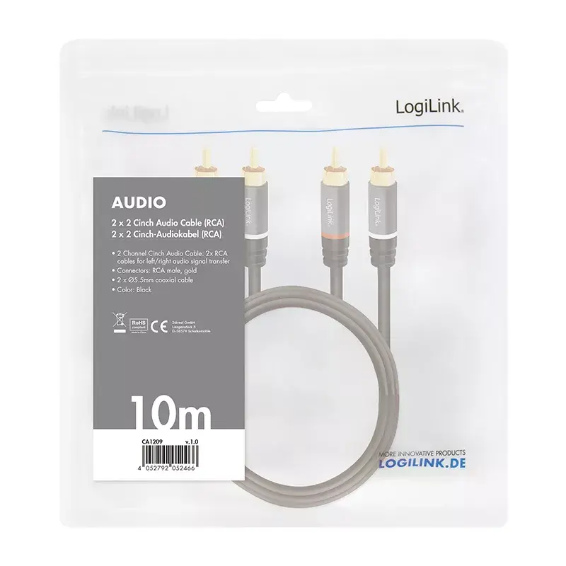 Audiokaapeli LogiLink CA1209 10m 2xRCA musta