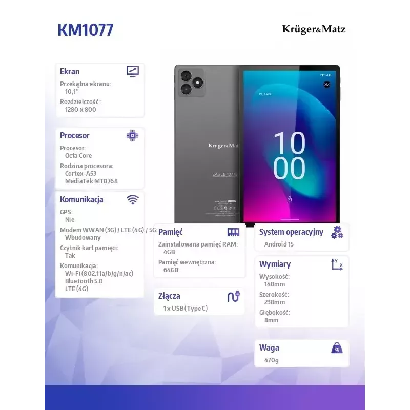Tabletti Kruger & Matz KM1077 10,1 tuuman näyttö Quad-Core 4 GB RAM 64 GB tallennustila Android