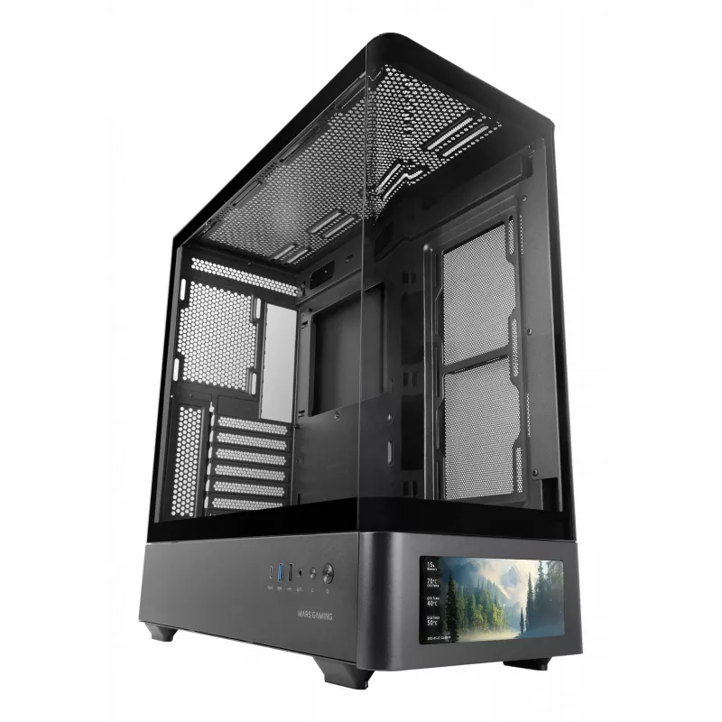 PC-kotelo TACENS Mars Gaming MCLCDPRO Midi Tower – musta, IPS 7,2 tuuman näyttö, virtalähde alhaalla, ATX/Micro‑ATX/Mini‑ITX tuki