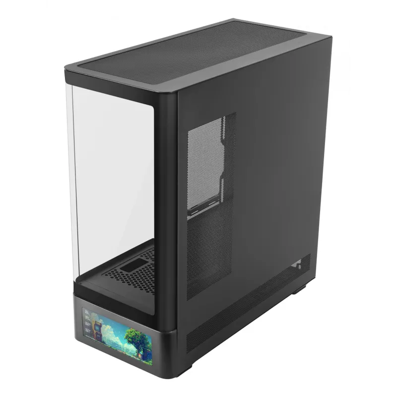 PC-kotelo TACENS Mars Gaming MCLCDPRO Midi Tower – musta, IPS 7,2 tuuman näyttö, virtalähde alhaalla, ATX/Micro‑ATX/Mini‑ITX tuki
