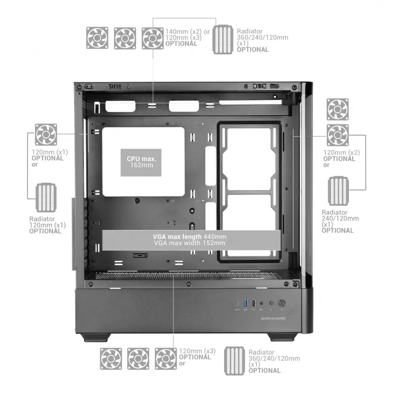 PC-kotelo TACENS Mars Gaming MCLCDPRO Midi Tower – musta, IPS 7,2 tuuman näyttö, virtalähde alhaalla, ATX/Micro‑ATX/Mini‑ITX tuki