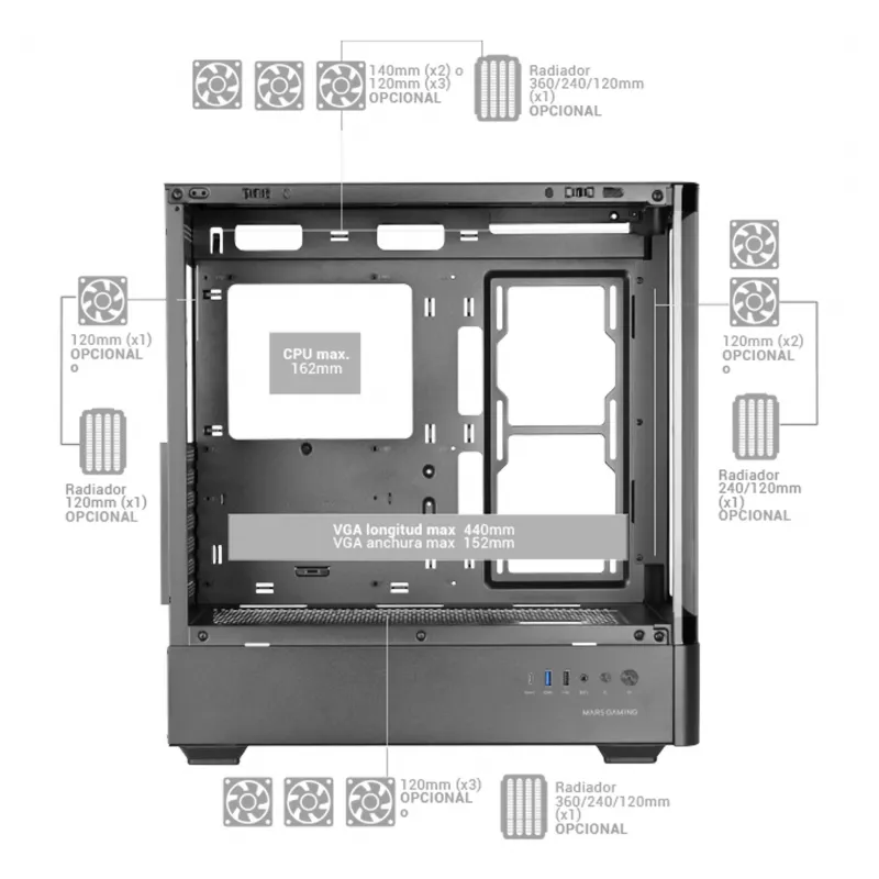 PC-kotelo TACENS Mars Gaming MCLCDPRO Midi Tower – musta, IPS 7,2 tuuman näyttö, virtalähde alhaalla, ATX/Micro‑ATX/Mini‑ITX tuki