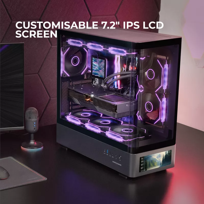 PC-kotelo TACENS Mars Gaming MCLCDPRO Midi Tower – musta, IPS 7,2 tuuman näyttö, virtalähde alhaalla, ATX/Micro‑ATX/Mini‑ITX tuki