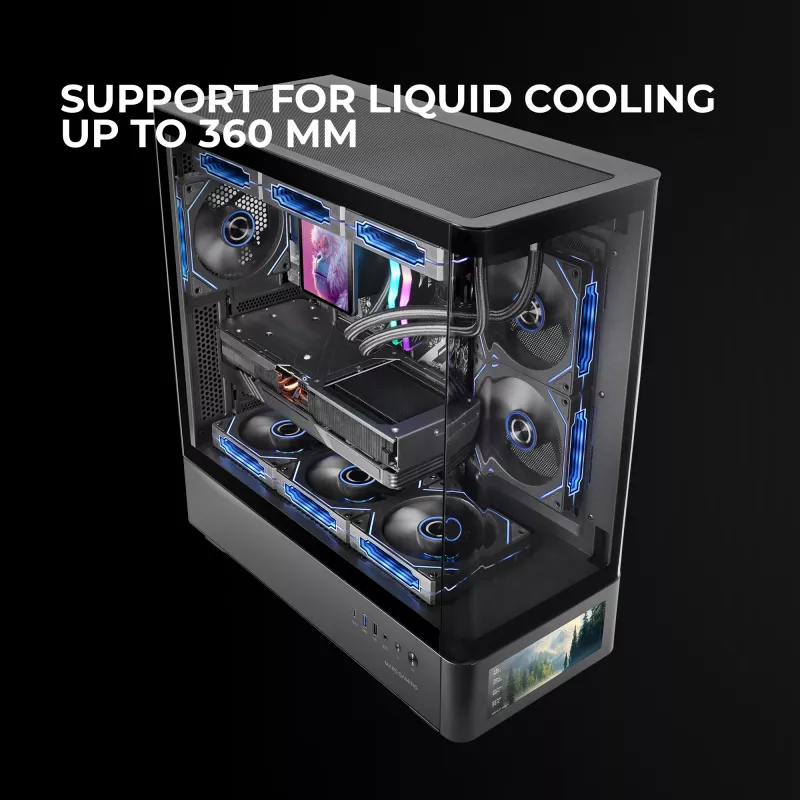 PC-kotelo TACENS Mars Gaming MCLCDPRO Midi Tower – musta, IPS 7,2 tuuman näyttö, virtalähde alhaalla, ATX/Micro‑ATX/Mini‑ITX tuki