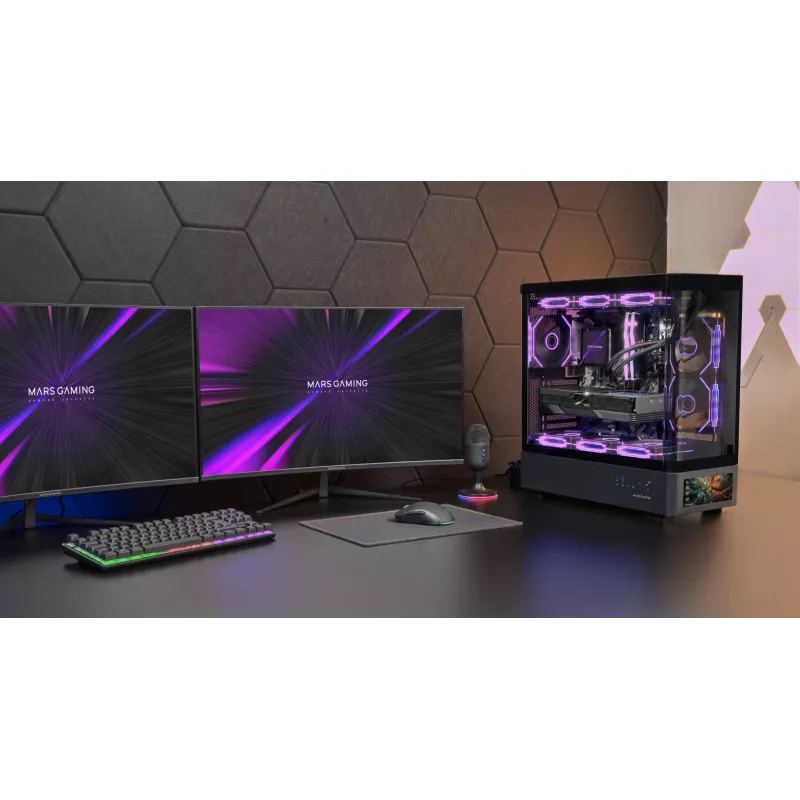 PC-kotelo TACENS Mars Gaming MCLCDPRO Midi Tower – musta, IPS 7,2 tuuman näyttö, virtalähde alhaalla, ATX/Micro‑ATX/Mini‑ITX tuki