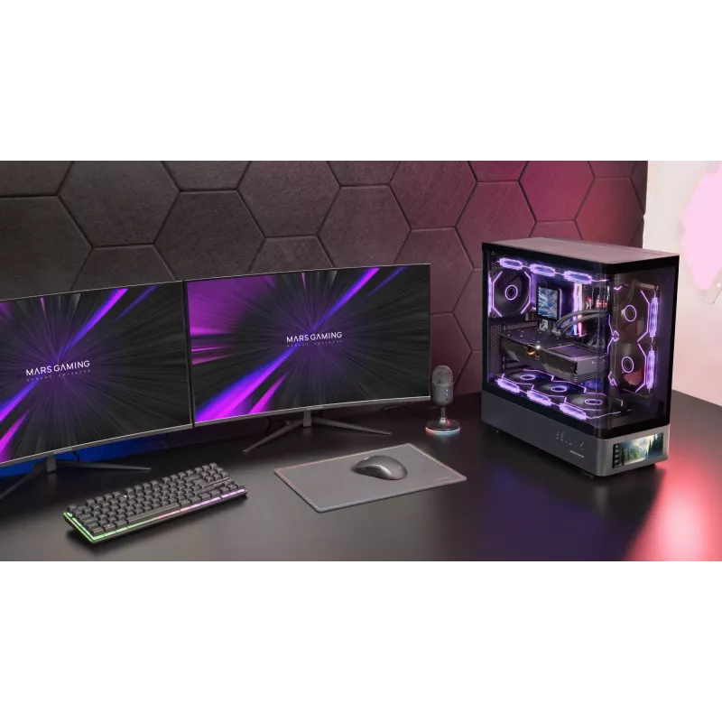 PC-kotelo TACENS Mars Gaming MCLCDPRO Midi Tower – musta, IPS 7,2 tuuman näyttö, virtalähde alhaalla, ATX/Micro‑ATX/Mini‑ITX tuki