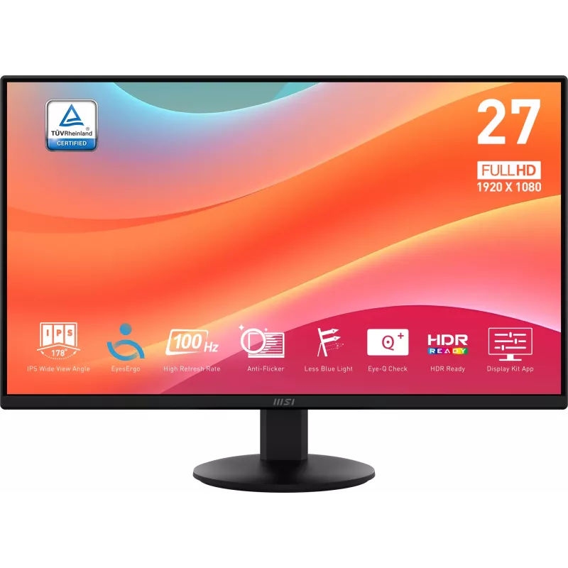 MSI PRO MP272L näyttö, 27 tuumaa (68,6 cm), 1920 x 1080 Full HD, 16:9, 100 Hz, 1 ms, HDMI, DisplayPort, himmeä, musta