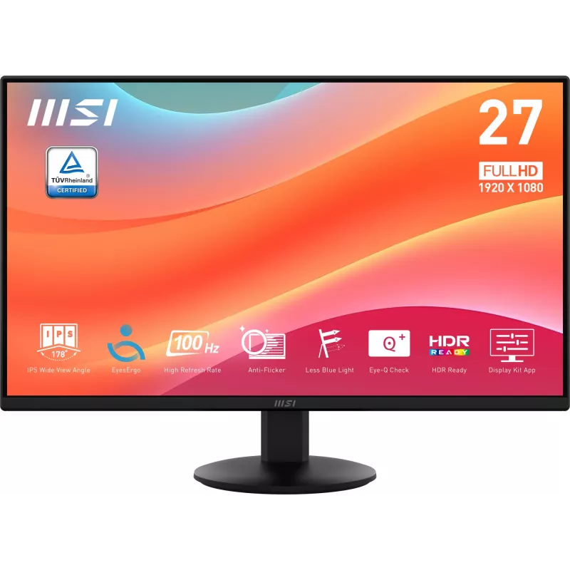 MSI PRO MP272L näyttö, 27 tuumaa (68,6 cm), 1920 x 1080 Full HD, 16:9, 100 Hz, 1 ms, HDMI, DisplayPort, himmeä, musta