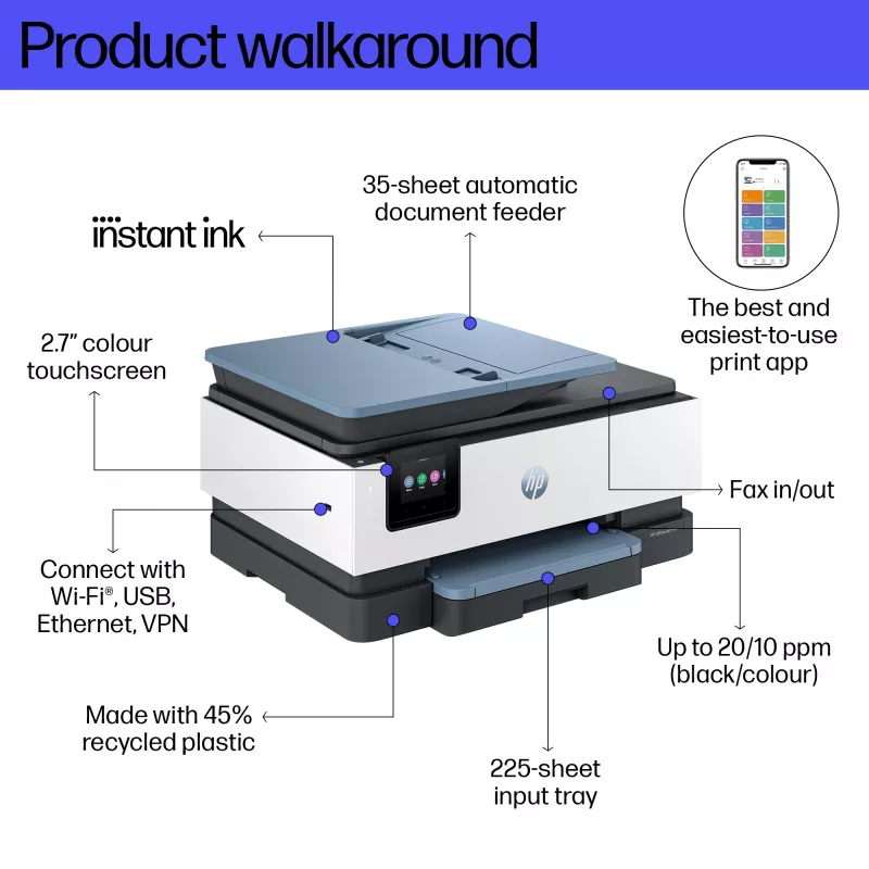 HP OfficeJet Pro 8125e langaton monitoimiväritulostin, Instant Ink; kaksipuolinen tulostus