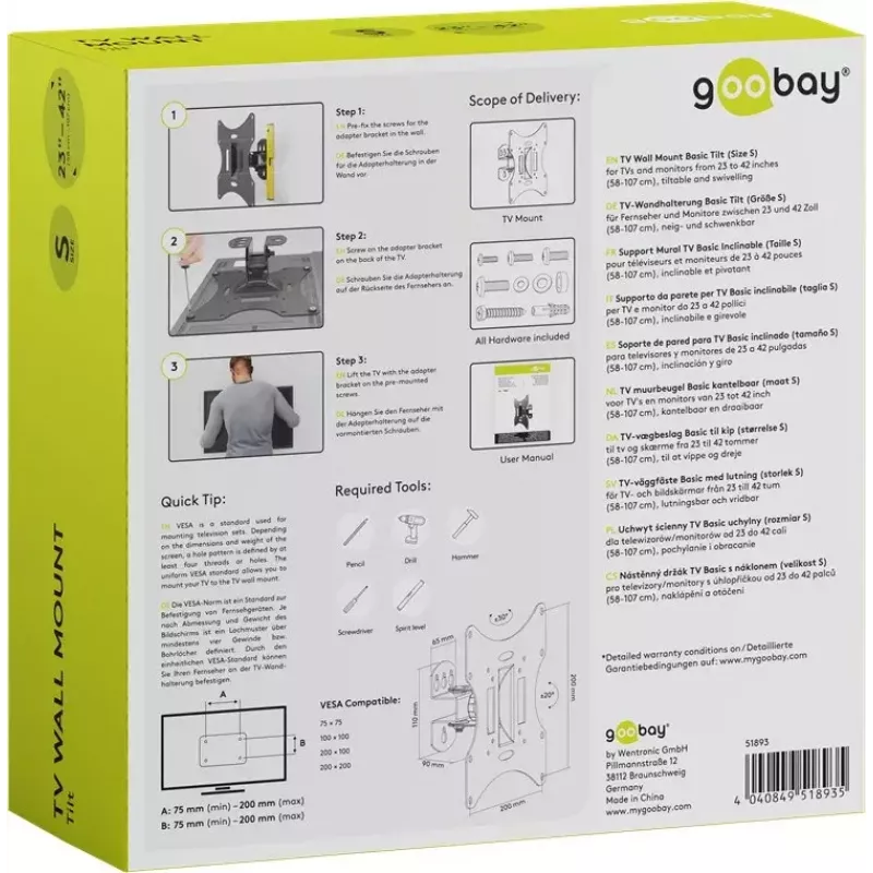Goobay TV EasyFlex M kallistettava seinäteline, musta (51893)