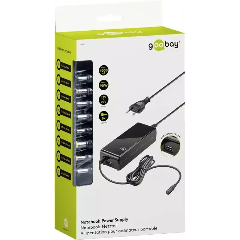 Goobay 81 W kannettavan virtalähde, musta, 1,6 m, sis. USB:n ja 8 DC-sovitinta