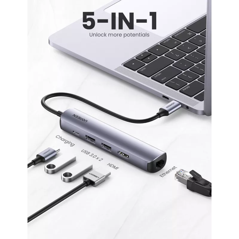 Ugreen CM418 10919 5-in-1 USB-C-keskitin, HDMI 4K 30 Hz, Ethernet, USB 3.0, Power Delivery, alumiini, harmaa