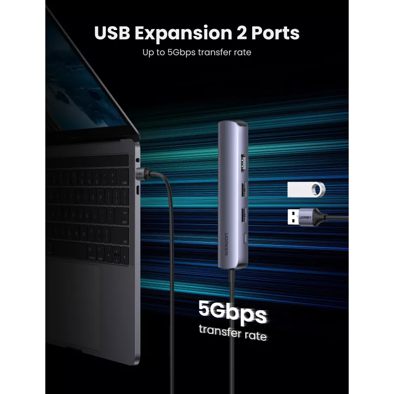 Ugreen CM418 10919 5-in-1 USB-C-keskitin, HDMI 4K 30 Hz, Ethernet, USB 3.0, Power Delivery, alumiini, harmaa