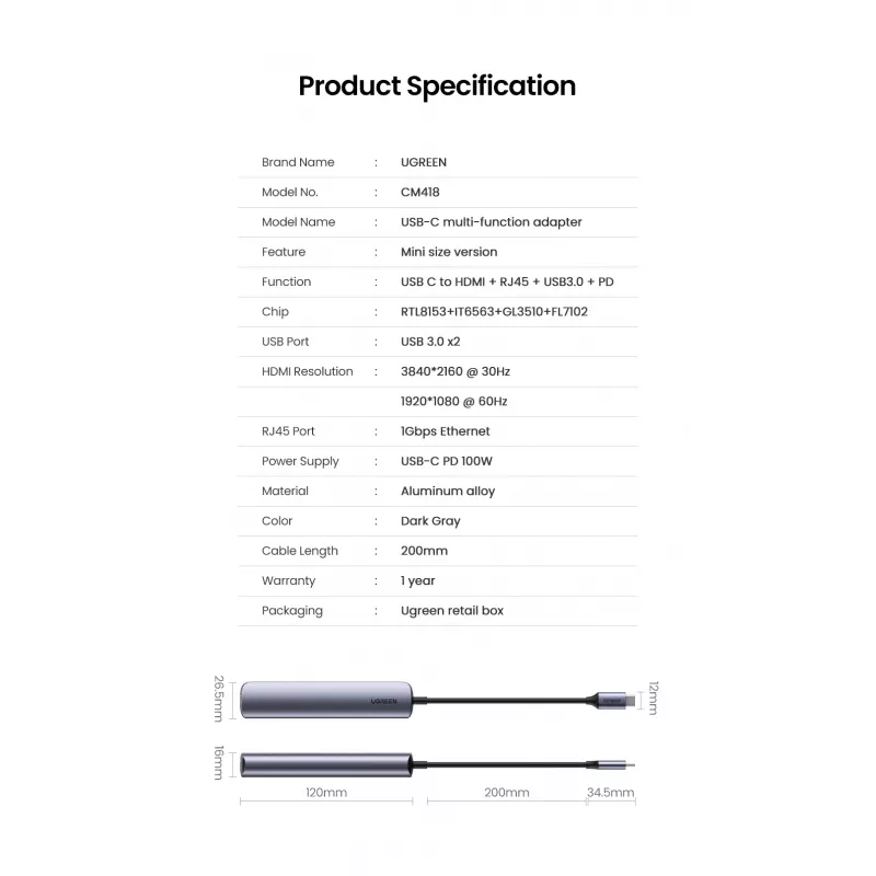 Ugreen CM418 10919 5-in-1 USB-C-keskitin, HDMI 4K 30 Hz, Ethernet, USB 3.0, Power Delivery, alumiini, harmaa