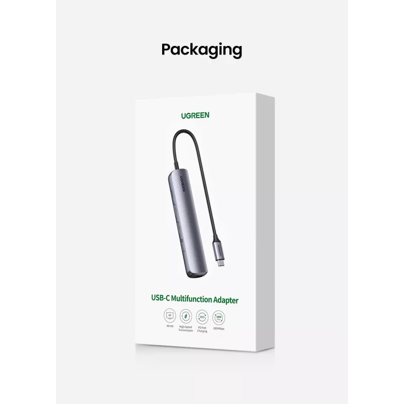 Ugreen CM418 10919 5-in-1 USB-C-keskitin, HDMI 4K 30 Hz, Ethernet, USB 3.0, Power Delivery, alumiini, harmaa