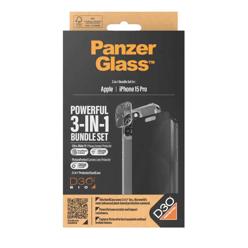 PanzerGlass Privacy 3-in-1 -pakkaus iPhone 15 Pro iskunkestävä karkaistu lasi