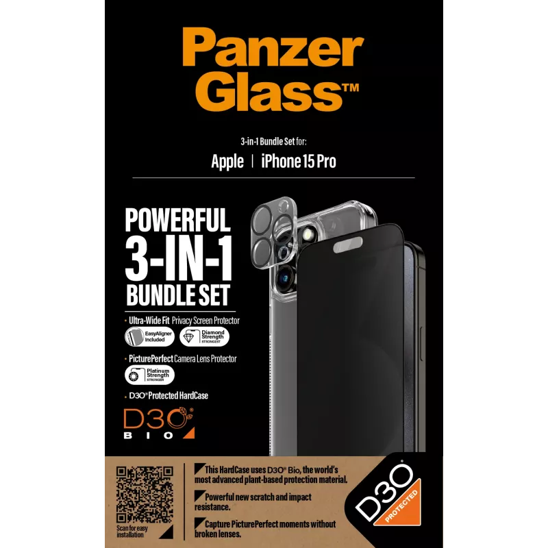 PanzerGlass Privacy 3-in-1 -pakkaus iPhone 15 Pro iskunkestävä karkaistu lasi