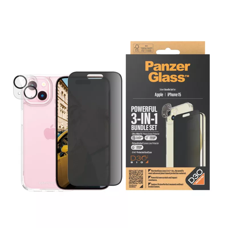 PanzerGlass ® Privacy 3-in-1 -pakkaus iPhone 15 iskunkestävä karkaistu lasi