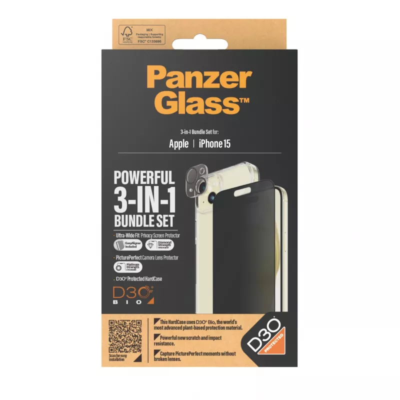 PanzerGlass ® Privacy 3-in-1 -pakkaus iPhone 15 iskunkestävä karkaistu lasi