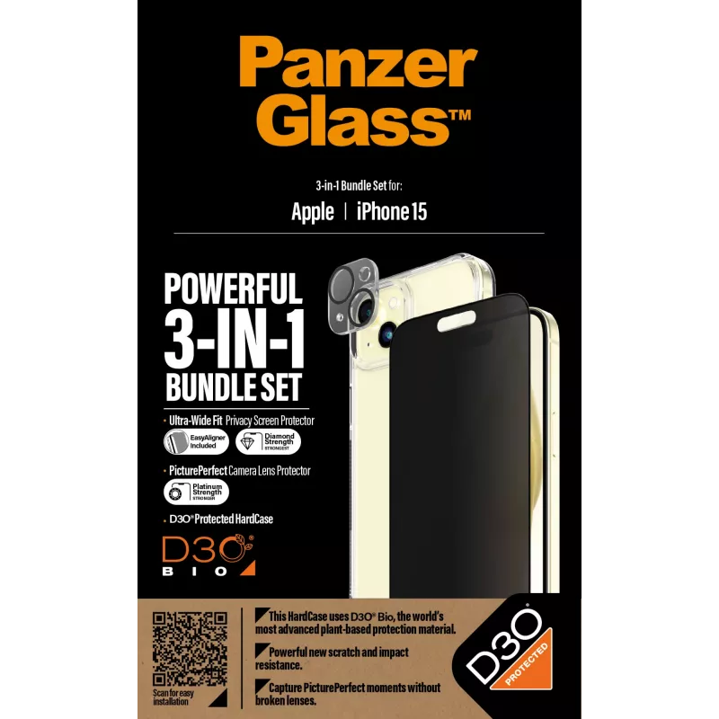 PanzerGlass ® Privacy 3-in-1 -pakkaus iPhone 15 iskunkestävä karkaistu lasi