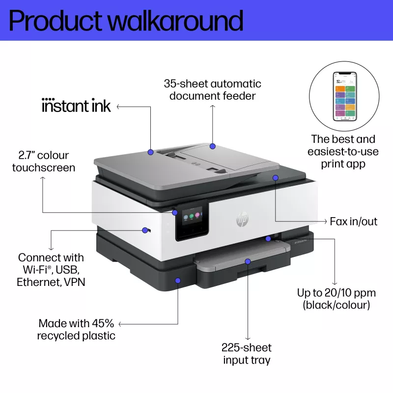 HP OfficeJet Pro 8134e langaton monitoimitulostin, Instant Ink; kaksipuolinen tulostus