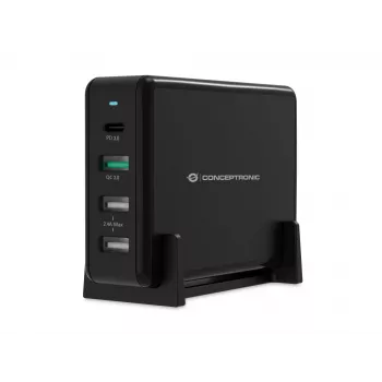 Conceptronic OZUL 4-porttinen 65W USB PD -pöytälaturi, sisäkäyttöön, AC, 5 V, musta