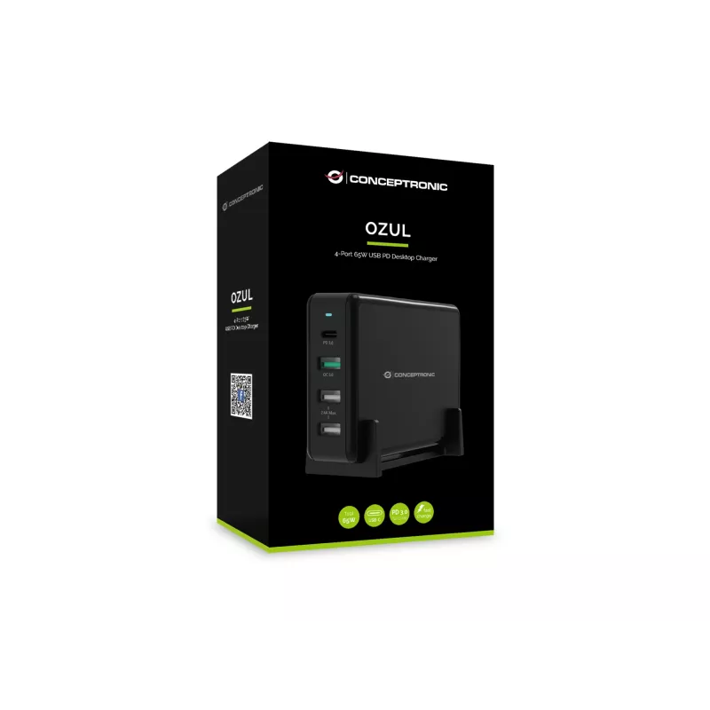 Conceptronic OZUL 4-porttinen 65W USB PD -pöytälaturi, sisäkäyttöön, AC, 5 V, musta