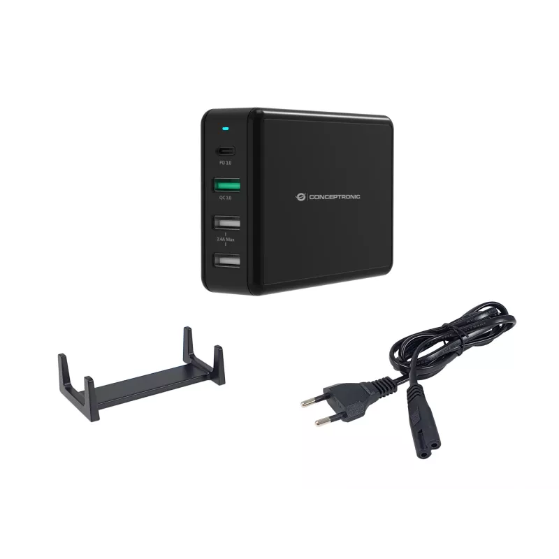 Conceptronic OZUL 4-porttinen 65W USB PD -pöytälaturi, sisäkäyttöön, AC, 5 V, musta