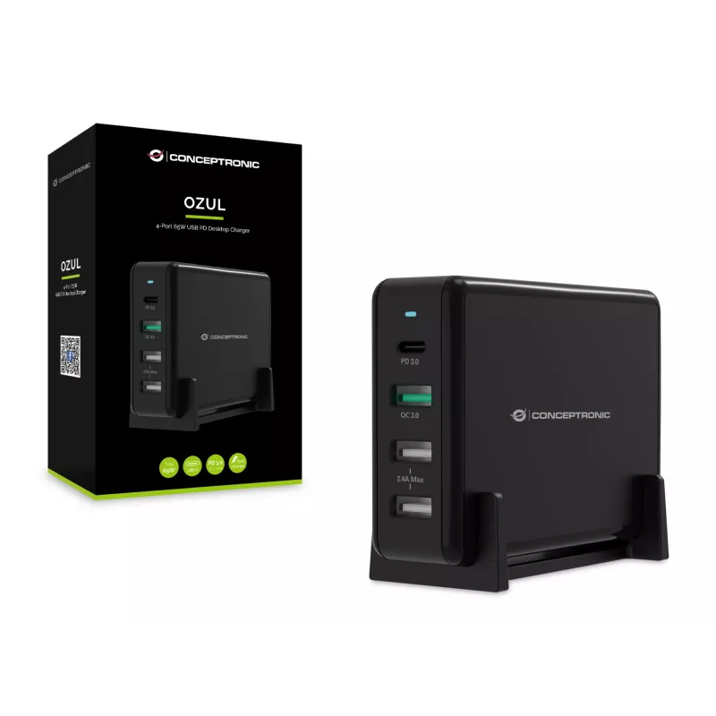 Conceptronic OZUL 4-porttinen 65W USB PD -pöytälaturi, sisäkäyttöön, AC, 5 V, musta