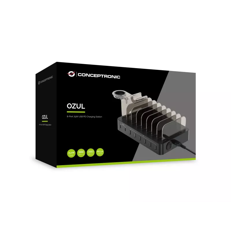 Conceptronic OZUL 8-porttinen 75W USB PD -latausasema, sisäkäyttöön, AC, 12 V, musta