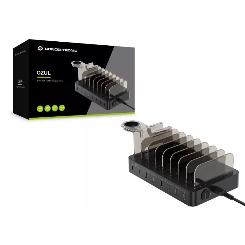 Conceptronic OZUL 8-porttinen 75W USB PD -latausasema, sisäkäyttöön, AC, 12 V, musta