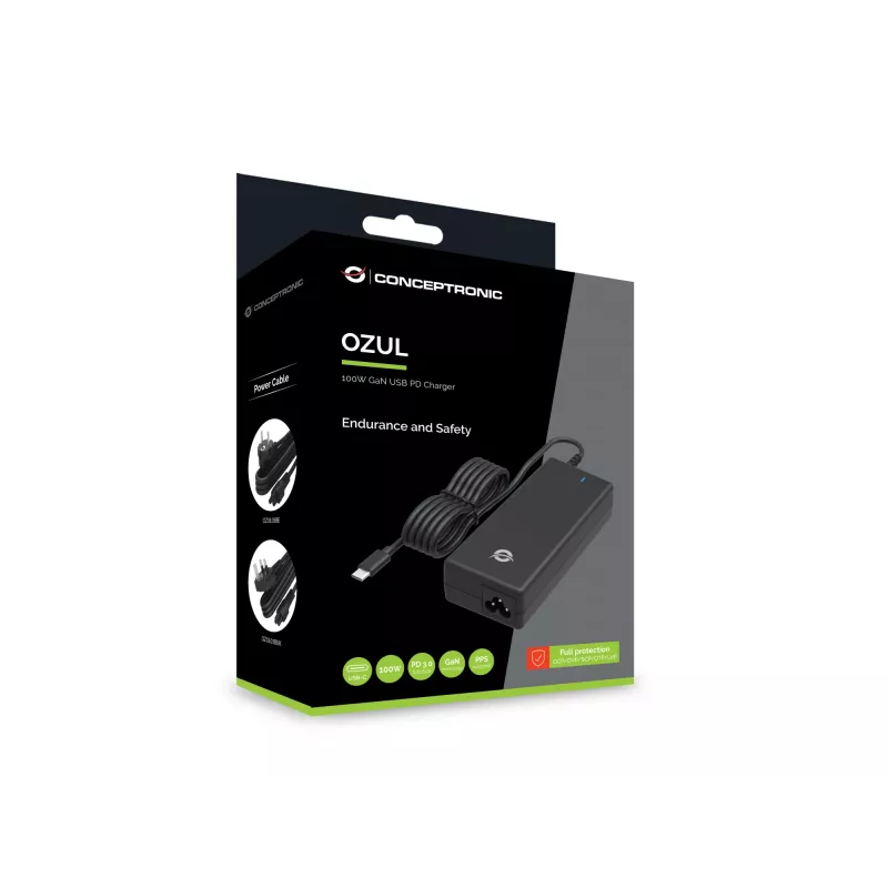 Conceptronic OZUL03BUK 100W GaN pöytä-USB PD -laturi, integroitu USB-C-kaapeli, UK-pistoke