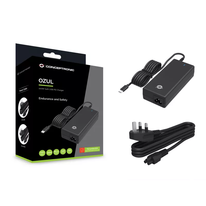 Conceptronic OZUL03BUK 100W GaN pöytä-USB PD -laturi, integroitu USB-C-kaapeli, UK-pistoke