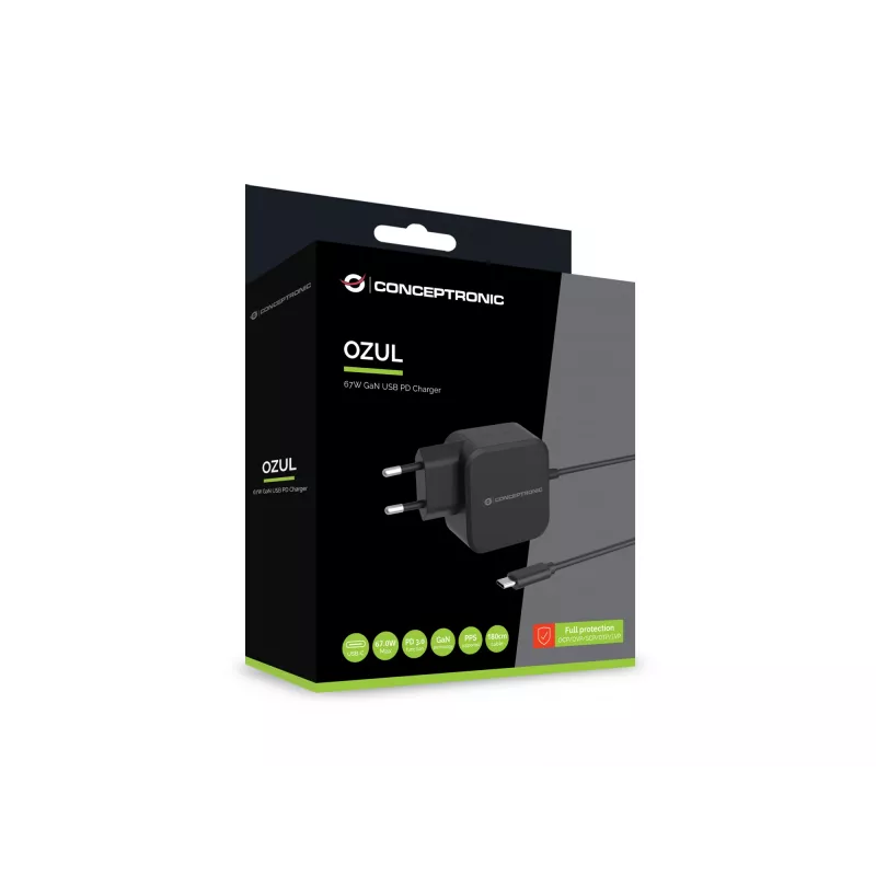 Conceptronic OZUL04BE 67W GaN USB PD -laturi, integroitu USB-C-kaapeli