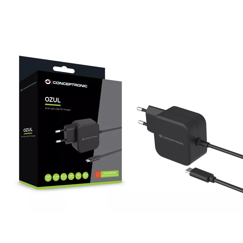 Conceptronic OZUL04BE 67W GaN USB PD -laturi, integroitu USB-C-kaapeli
