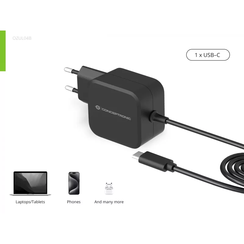 Conceptronic OZUL04BE 67W GaN USB PD -laturi, integroitu USB-C-kaapeli