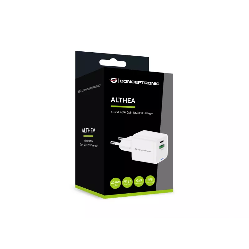 Conceptronic 2-porttinen 20W GaN USB PD -laturi, USB-C x 1, USB-A x 1 ALTHEA15W