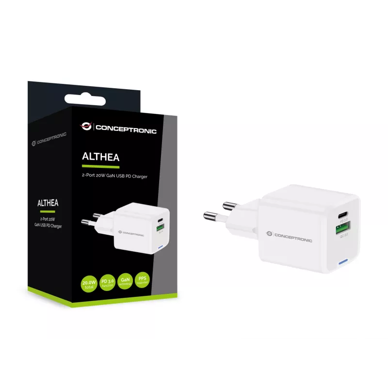 Conceptronic 2-porttinen 20W GaN USB PD -laturi, USB-C x 1, USB-A x 1 ALTHEA15W