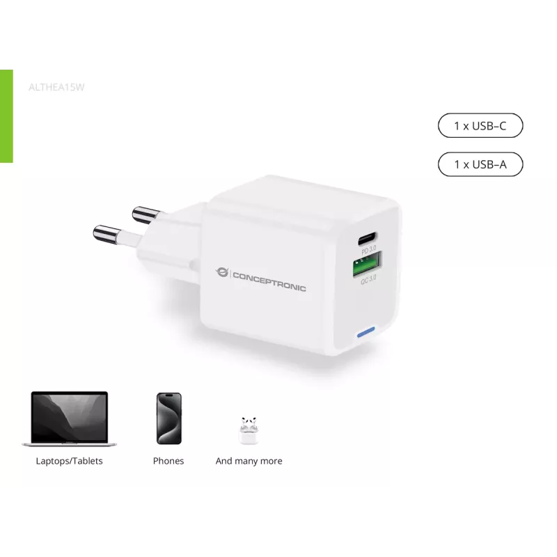 Conceptronic 2-porttinen 20W GaN USB PD -laturi, USB-C x 1, USB-A x 1 ALTHEA15W