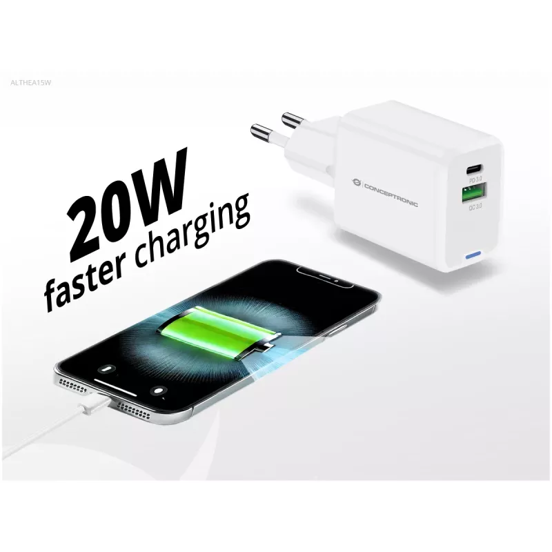 Conceptronic 2-porttinen 20W GaN USB PD -laturi, USB-C x 1, USB-A x 1 ALTHEA15W
