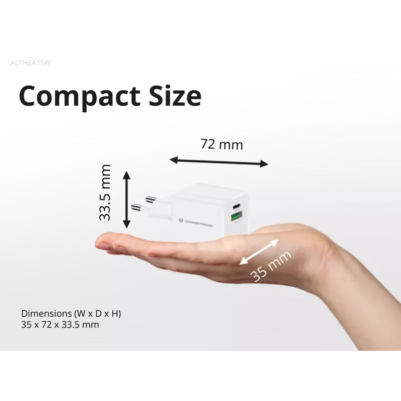 Conceptronic 2-porttinen 20W GaN USB PD -laturi, USB-C x 1, USB-A x 1 ALTHEA15W