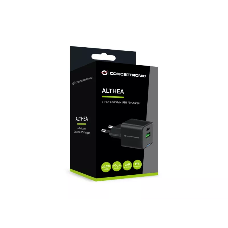 Conceptronic 2-porttinen 20W GaN USB PD -laturi, USB-C x 1, USB-A x 1, QC 3.0, PPS
