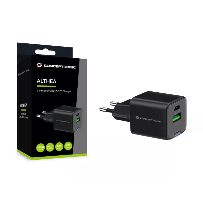 Conceptronic 2-porttinen 20W GaN USB PD -laturi, USB-C x 1, USB-A x 1, QC 3.0, PPS