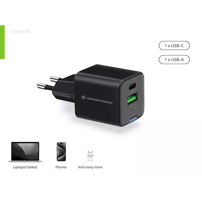 Conceptronic 2-porttinen 20W GaN USB PD -laturi, USB-C x 1, USB-A x 1, QC 3.0, PPS
