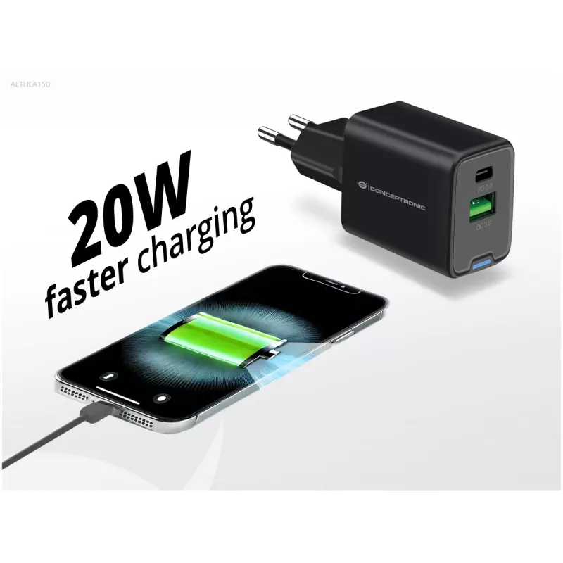 Conceptronic 2-porttinen 20W GaN USB PD -laturi, USB-C x 1, USB-A x 1, QC 3.0, PPS