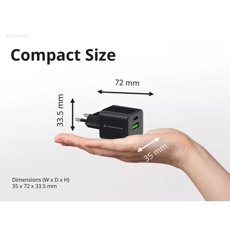 Conceptronic 2-porttinen 20W GaN USB PD -laturi, USB-C x 1, USB-A x 1, QC 3.0, PPS