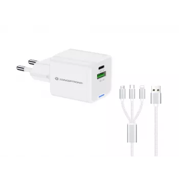 Conceptronic 2-porttinen 33W GaN USB PD -laturi 3-in-1-latauskaapelilla, USB-C x 1, USB-A x 1, QC 3.0, PPS
