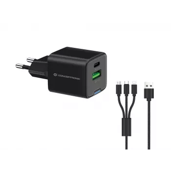 Conceptronic 2-porttinen 33W GaN USB PD -laturi 3-in-1-latauskaapelilla, USB-C x 1, USB-A x 1, QC 3.0, PPS