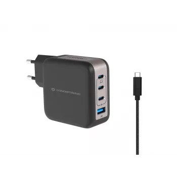 Conceptronic 4-porttinen 100W GaN USB PD -laturi USB-C-latauskaapelilla, USB-C x 3, USB-A x 1, QC 3.0, PPS