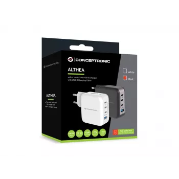 Conceptronic 4-porttinen 100W GaN USB PD -laturi USB-C-latauskaapelilla, USB-C x 3, USB-A x 1, QC 3.0, PPS